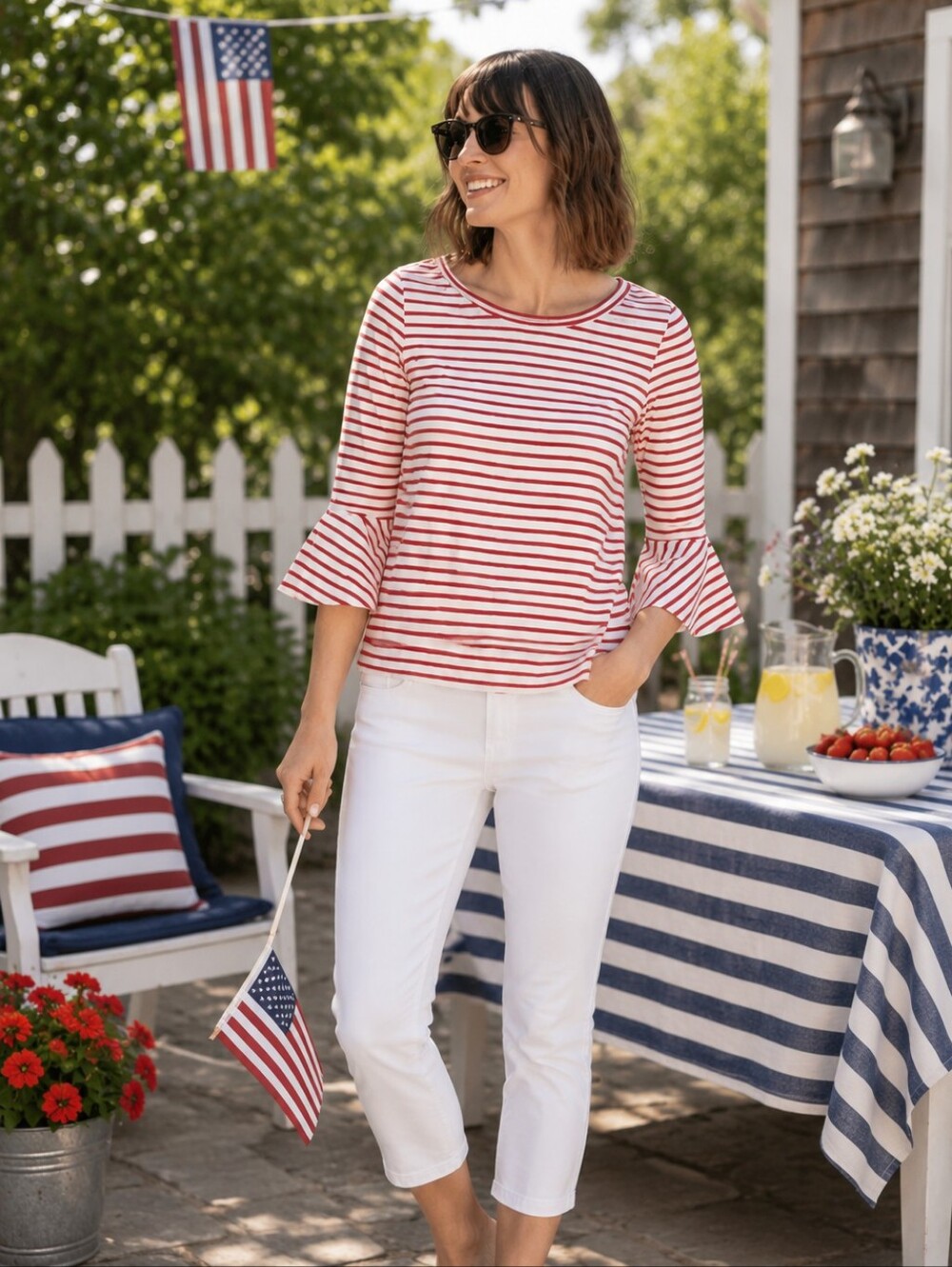 Deletta Anthropologie Celina Bell Sleeve Tee in Red & Cream Stripe Women's XS